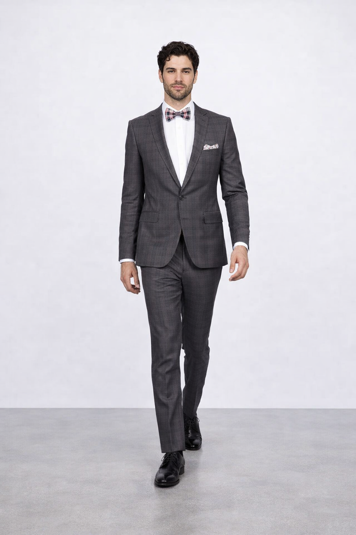 Mens Slim Fit Charcoal Plaid Suit by Rossiman Rossi - 1-Button Jacket & Tapered Pants