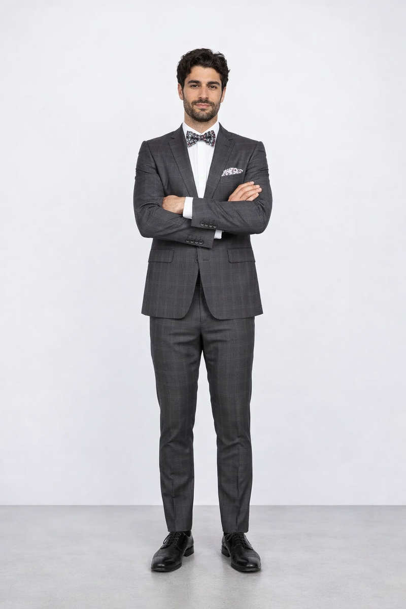 Mens Slim Fit Charcoal Plaid Suit by Rossiman Rossi - 1-Button Jacket & Tapered Pants