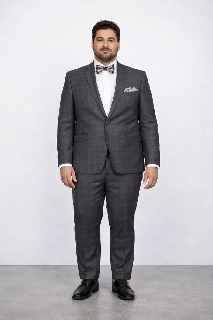 Mens Slim Fit Charcoal Plaid Suit by Rossiman Rossi - 1-Button Jacket & Tapered Pants