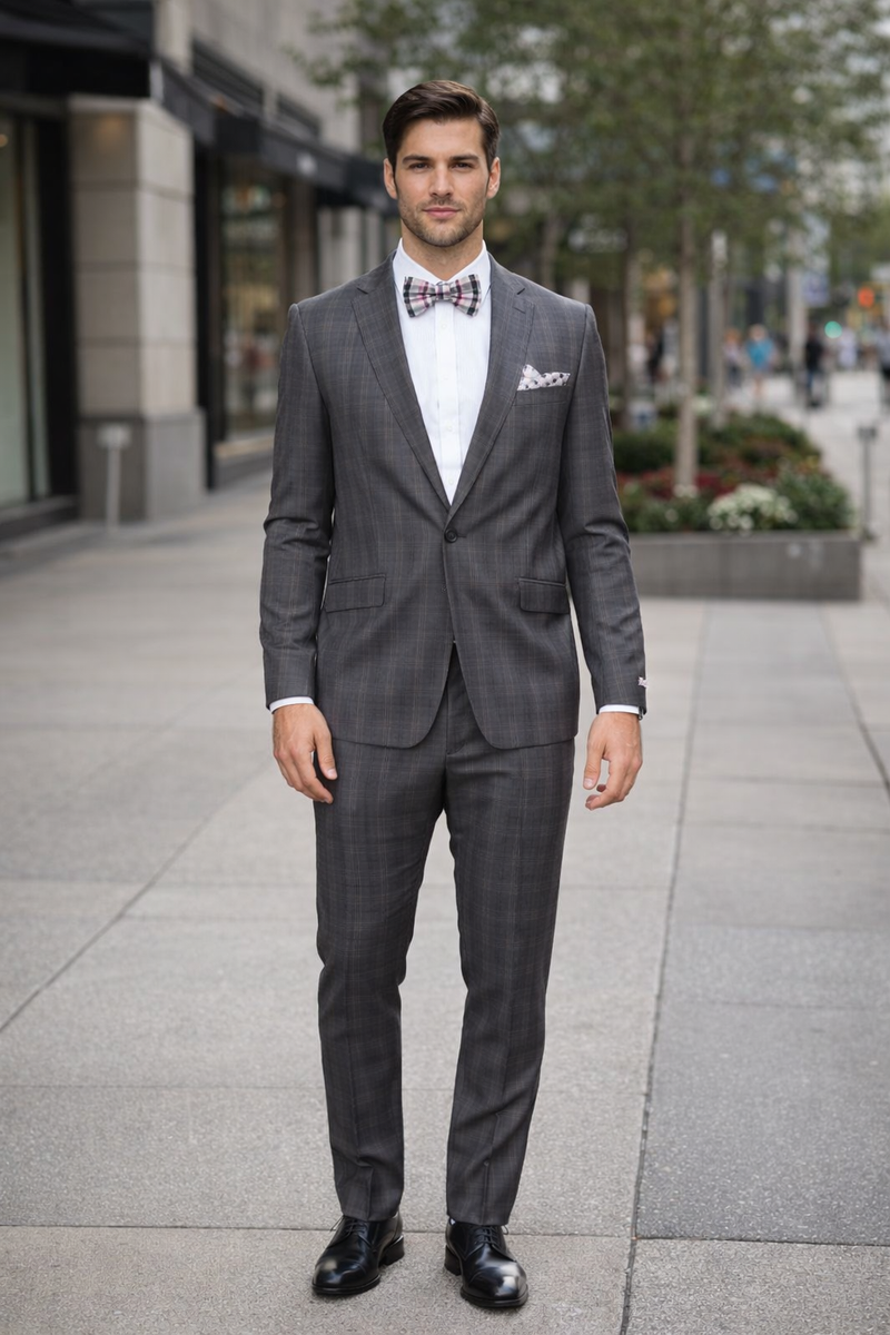 Mens Slim Fit Charcoal Plaid Suit by Rossiman Rossi - 1-Button Jacket & Tapered Pants