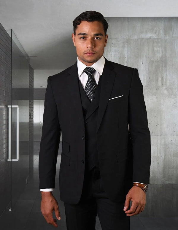 Men's Suit Ticket Pocket 3 Pocket Black Suit With Double Breasted Vest 100% Wool - AlbertoNardoniStore