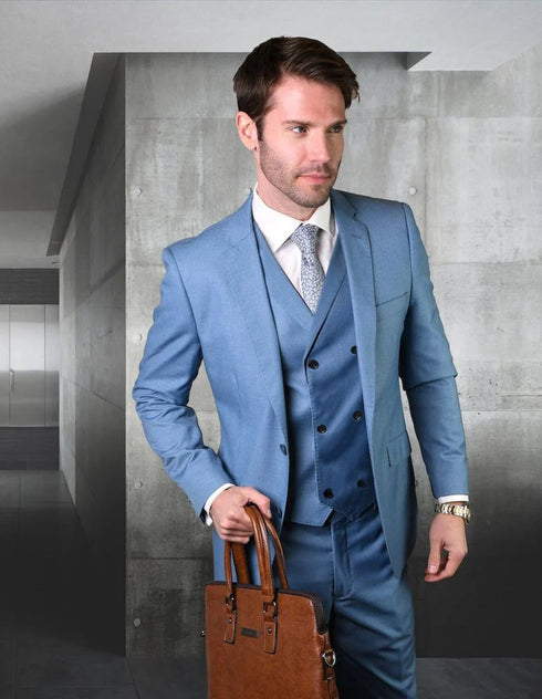 Men's Suit Ticket Pocket 3 Pocket Light Blue Suit With Double Breasted Vest 100% Wool - AlbertoNardoniStore