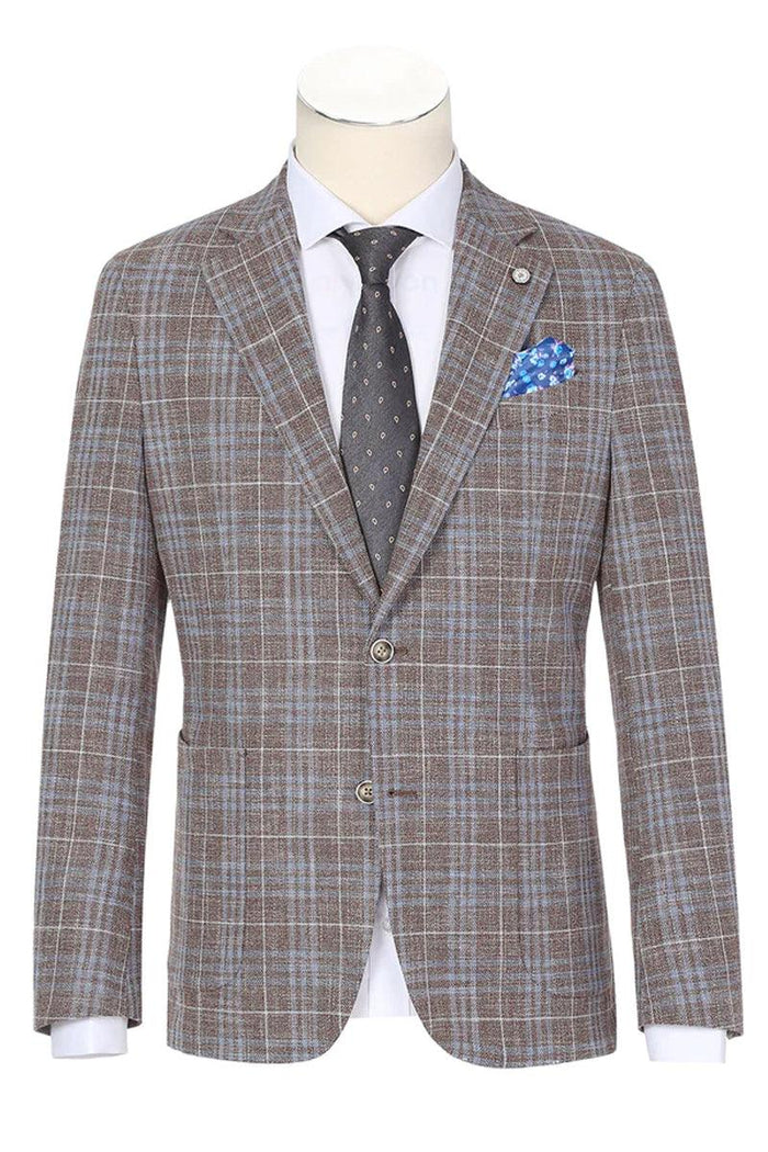 Men's slim fit blazer in tan & burgundy windowpane plaid. Two-button closure with patch pockets. Cotton blend, structured silhouette. A stylish, smart choice.
