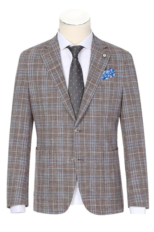 Stylish slim-fit plaid blazer in tan, burgundy, and blue. Features a checked pattern, patch pockets, and button closure. Sophisticated design for a polished look.

