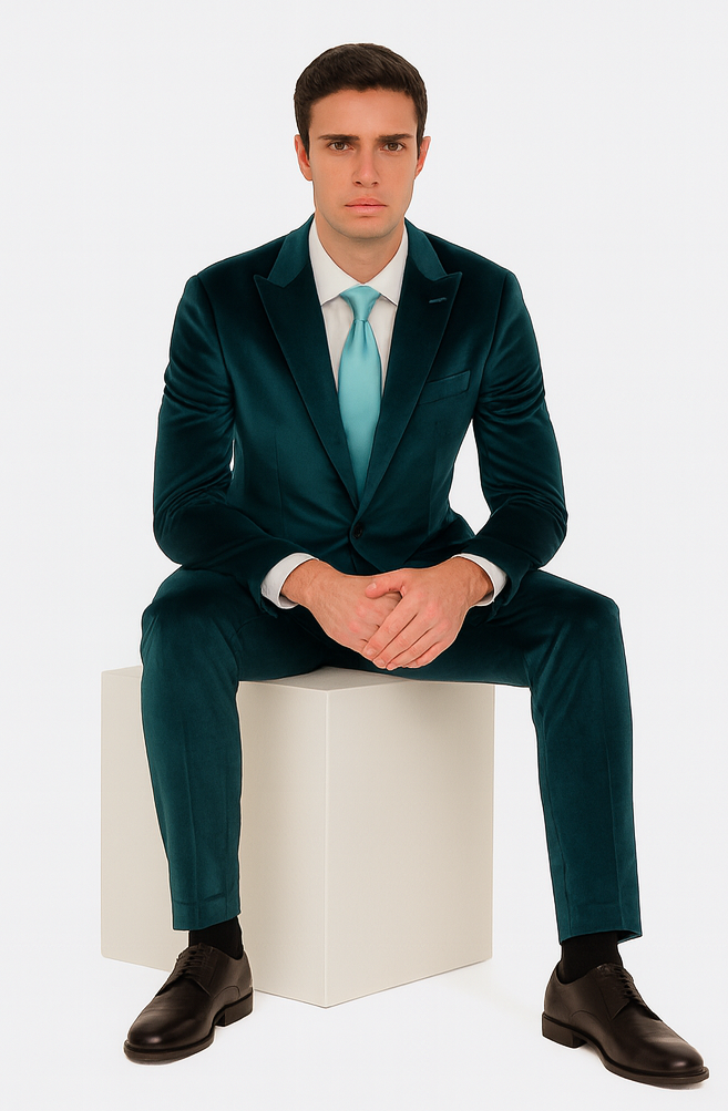 Men's formal teal velvet suit. Two-piece, peak lapel, slim fit. Soft, textured velvet. Single-breasted jacket, straight-leg trousers. Includes matching tie. Pair with black dress shoes.
