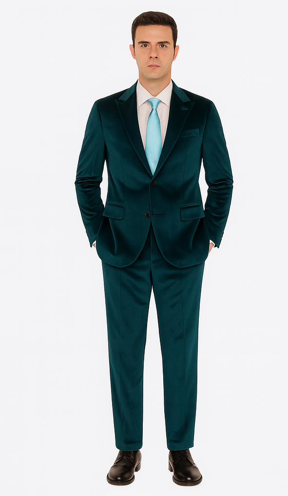 Formal men's teal velvet suit. Two-piece, peak lapel, slim fit. Smooth, shiny velvet. Single-breasted jacket with button closure & two pockets. Straight-leg trousers. Includes a light blue tie.
