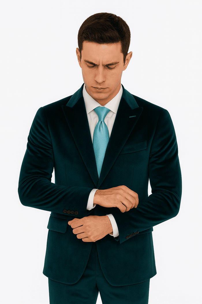 Men's formal teal velvet suit. Two-piece, slim fit, peak lapel. Soft, textured velvet. Single-breasted jacket. Matching trousers. Includes a light blue tie.
