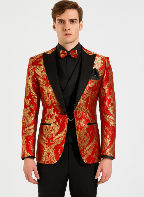 Red Gold Modern Fit 3 Piece Suit with Matching Bow Tie