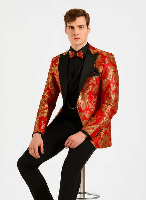 Red Gold Modern Fit 3 Piece Suit with Matching Bow Tie