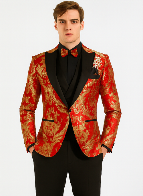 Red Gold Modern Fit 3 Piece Suit with Matching Bow Tie