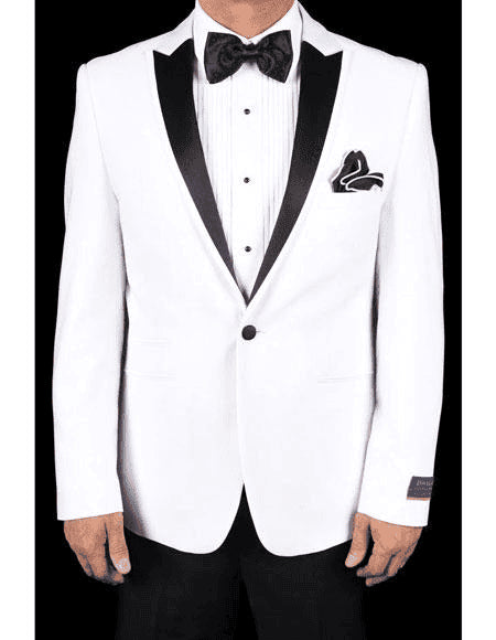 Men's White Super 150'S Viscose Blend 1 Button Tuxedo Solid Pattern Slim Fit Dinner Jacket - AlbertoNardoniStore