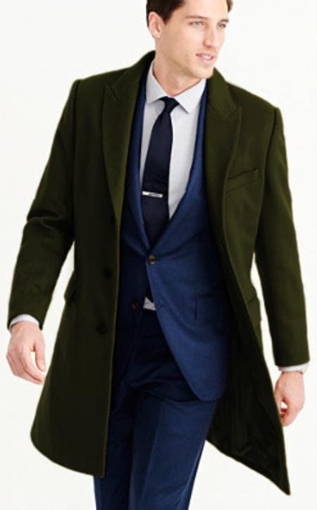 Men's Wool Car Coat Olive Green Topcoat - AlbertoNardoniStore