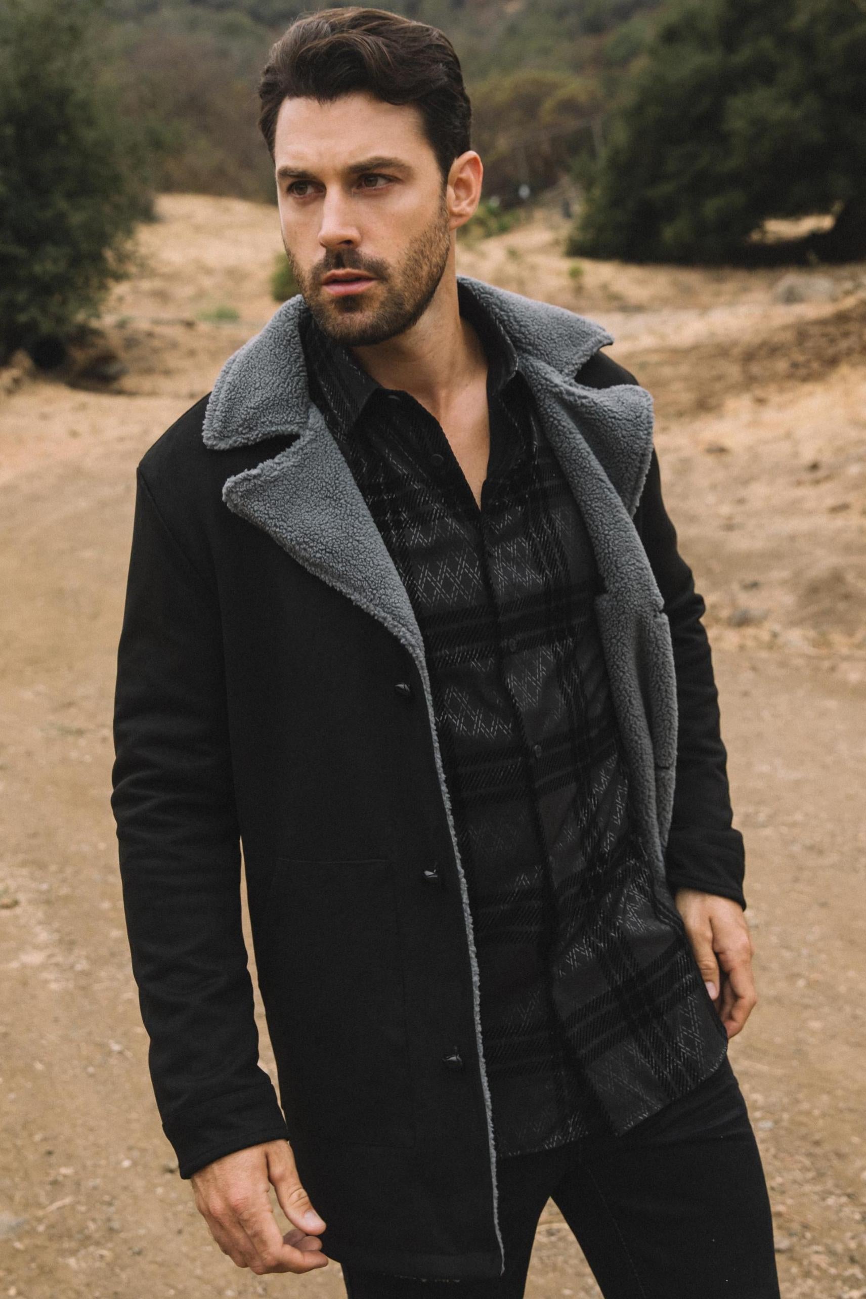 Men’s Black Faux Suede Western Overcoat – Longline Cowboy Style Jacket