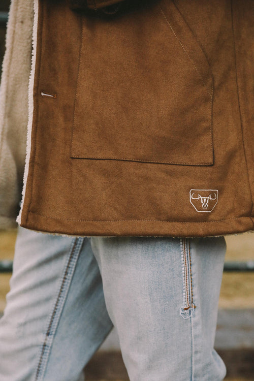 Mens Western Cowboy Long Coat – Brown Faux Suede Frontier Style Jacket