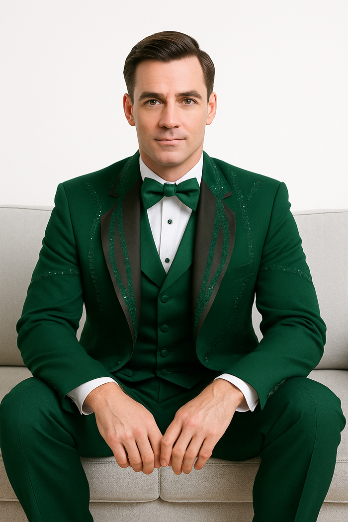 Alberto Nardoni modern fit hunter green Italian wool tuxedo. Three-piece set: jacket (peak lapel, embellishments), trousers, and vest. Stylish, contemporary design.
