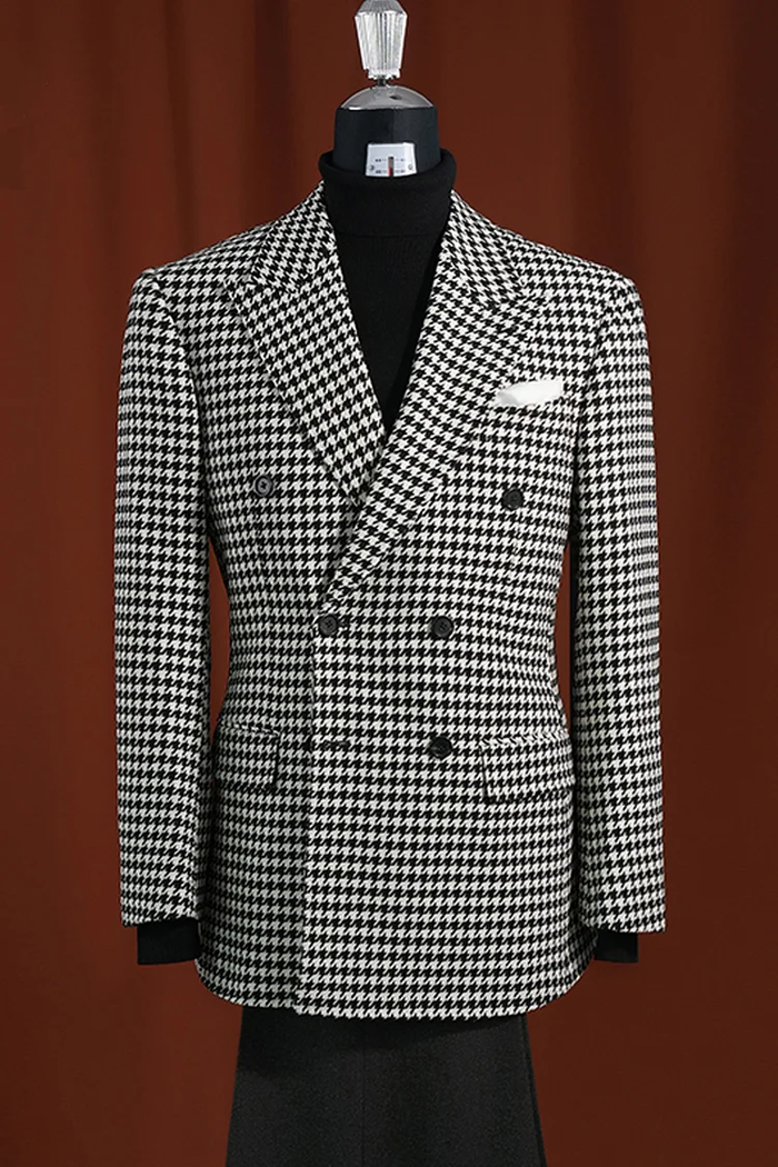 Men's modern fit houndstooth blazer. Black and white, 100% wool. Double-breasted, notched lapel, two flap pockets. Classic houndstooth pattern, tailored for a fitted look.
