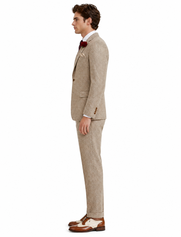 Men’s Light Tan Tweed Great Gatsby 3 Piece Suit – Vintage Vested Wedding Suit, 1920s Classic Formal Outfit Herringbone