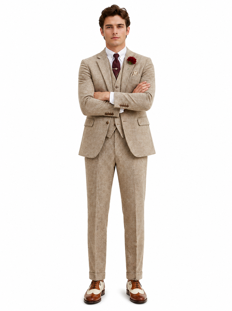 Men’s Light Tan Tweed Great Gatsby 3 Piece Suit – Vintage Vested Wedding Suit, 1920s Classic Formal Outfit Herringbone