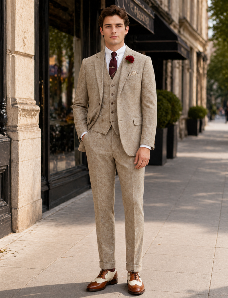 Men’s Light Tan Tweed Great Gatsby 3 Piece Suit – Vintage Vested Wedding Suit, 1920s Classic Formal Outfit Herringbone