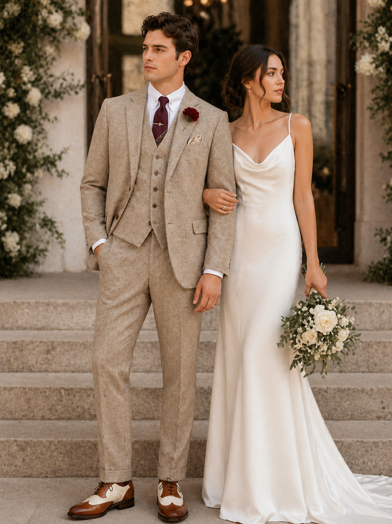 Men’s Light Tan Tweed Great Gatsby 3 Piece Suit – Vintage Vested Wedding Suit, 1920s Classic Formal Outfit Herringbone