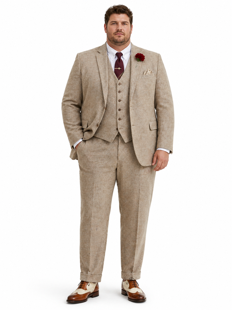 Men’s Light Tan Tweed Great Gatsby 3 Piece Suit – Vintage Vested Wedding Suit, 1920s Classic Formal Outfit Herringbone