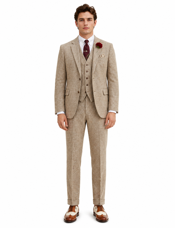 Men’s Light Tan Tweed Great Gatsby 3 Piece Suit – Vintage Vested Wedding Suit, 1920s Classic Formal Outfit Herringbone