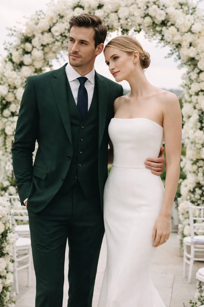 Men's Two Button Vested Notch Lapel Matching Vest and Basic Suit in Hunter Green