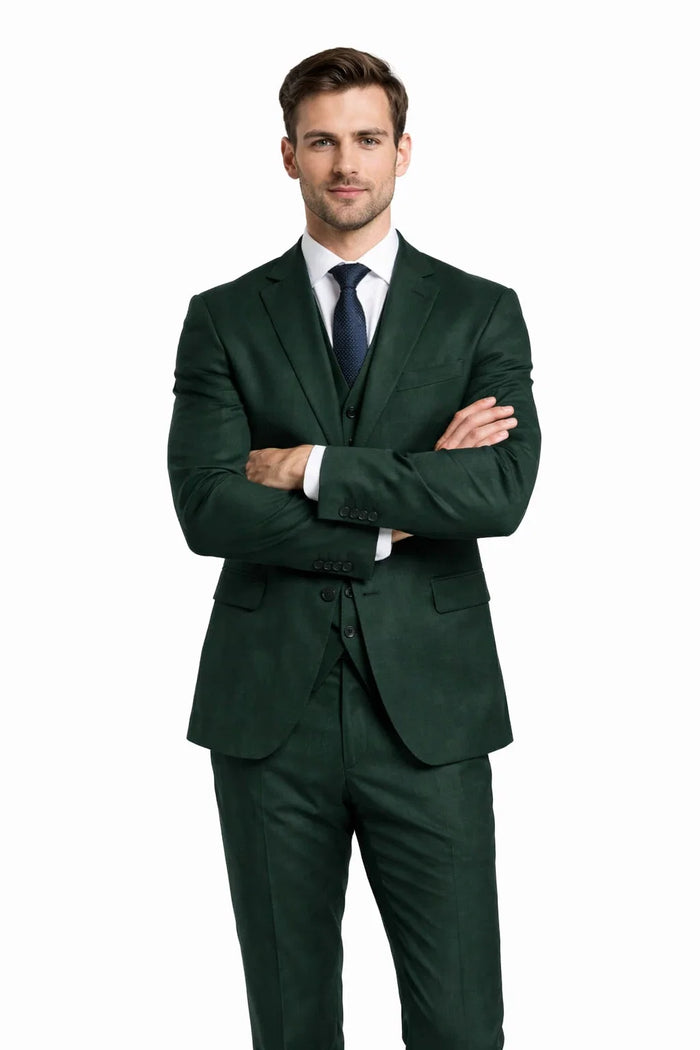 Men's Two Button Vested Notch Lapel Matching Vest and Basic Suit in Hunter Green