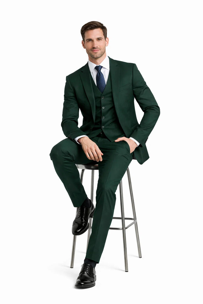 Men's Two Button Vested Notch Lapel Matching Vest and Basic Suit in Hunter Green