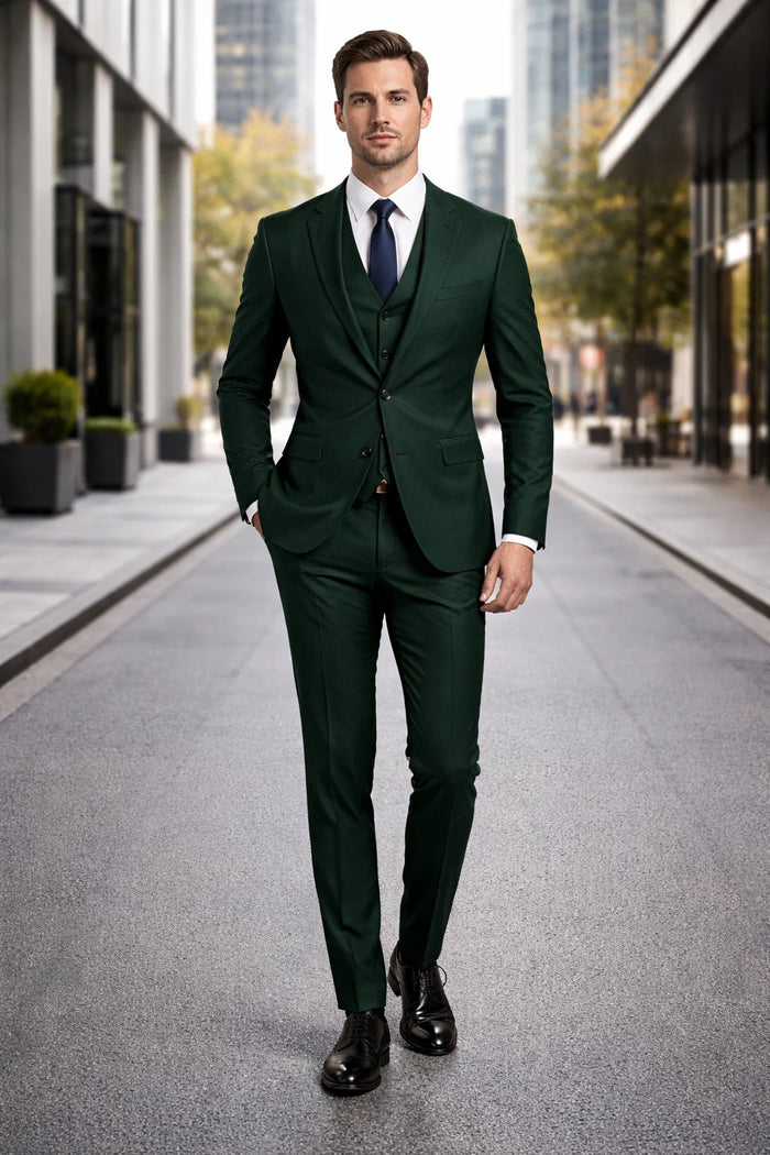 Men's Two Button Vested Notch Lapel Matching Vest and Basic Suit in Hunter Green