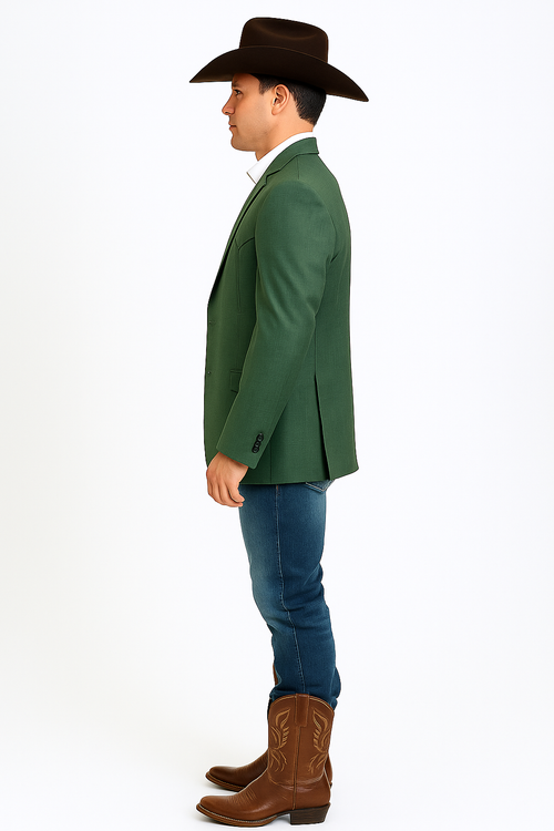 Men's solid green western blazer. Double-button closure, structured silhouette. Features flap pockets, back vent, and smooth fabric for a refined look.
