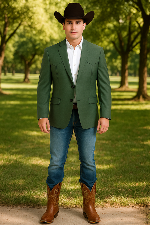 Men's green western blazer. Tailored fit, double-button closure, and yoke seams. Textured fabric. Paired with white shirt, blue jeans, and brown cowboy boots.
