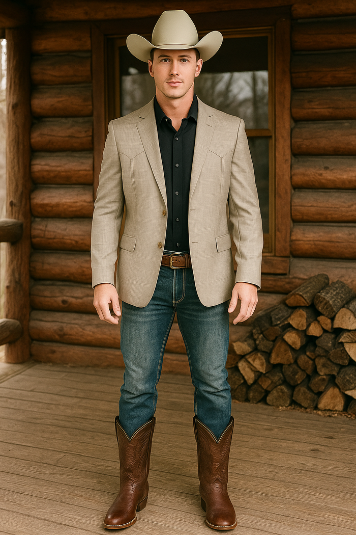 Taupe western blazer with double-button closure. Fitted shape, structured silhouette, subtle check pattern, and two front pockets. Lightweight material, ideal for layering.
