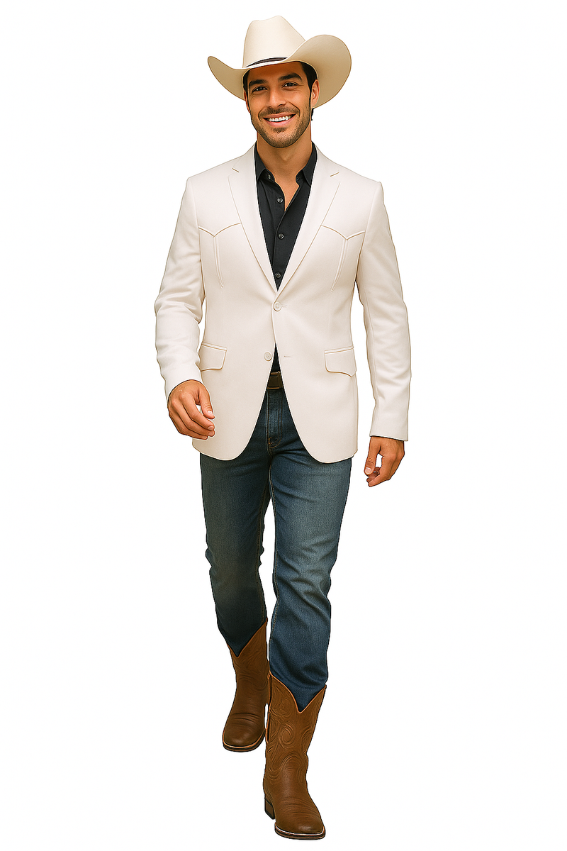 Men's white double-button western blazer. Fitted, visible stitching, notched collar, two front pockets. Smooth, solid color.
