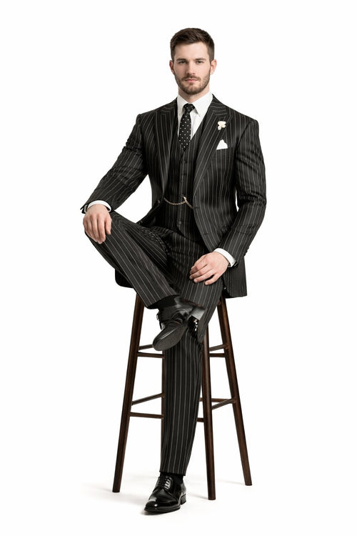 Gangster Suit - Mobster Suit - Mafia Suit For Men 2 button Gangster Pinstripe Suit in Black & White