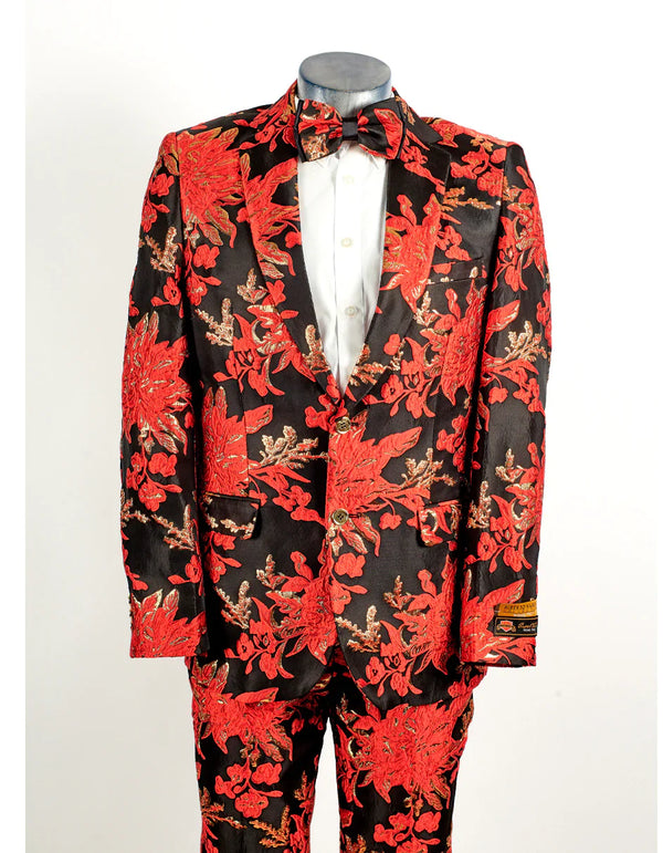 Mens 2 Button Black, Red, & Gold Foil Floral Paisley Prom and Wedding Tuxedo - AlbertoNardoniStore