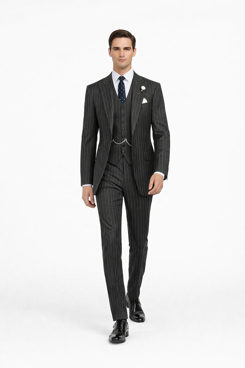 Mens 2 button Gangster Pinstripe Suit in Black & White