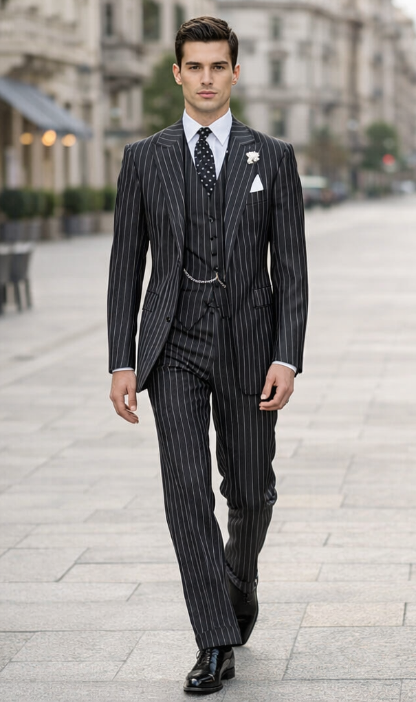 Mens 2 button Gangster Pinstripe Suit in Black & White
