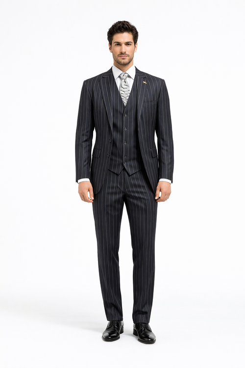 Gangster Suit - Mobster Suit - Mafia Suit For Mens 2 Button Gangster Pinstripe Suit in Black
