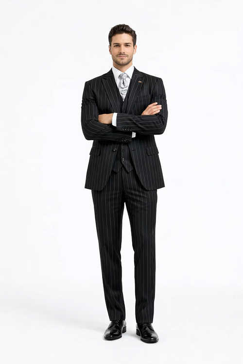 Gangster Suit - Mobster Suit - Mafia Suit For Mens 2 Button Gangster Pinstripe Suit in Black