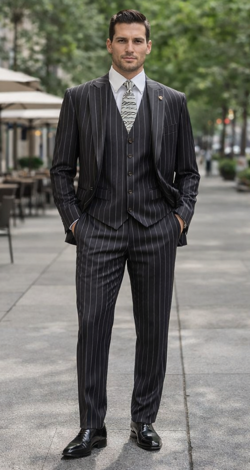 Gangster Suit - Mobster Suit - Mafia Suit For Mens 2 Button Gangster Pinstripe Suit in Black