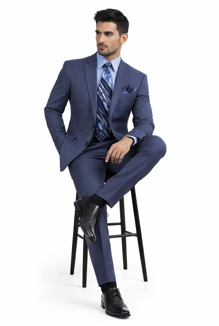 Mens 2 Button Modern Fit Texured Weave Suit in Blue