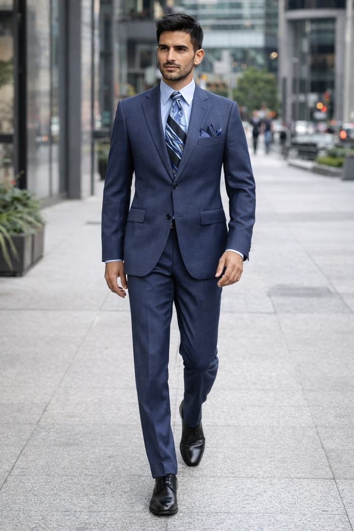 Mens 2 Button Modern Fit Texured Weave Suit in Blue