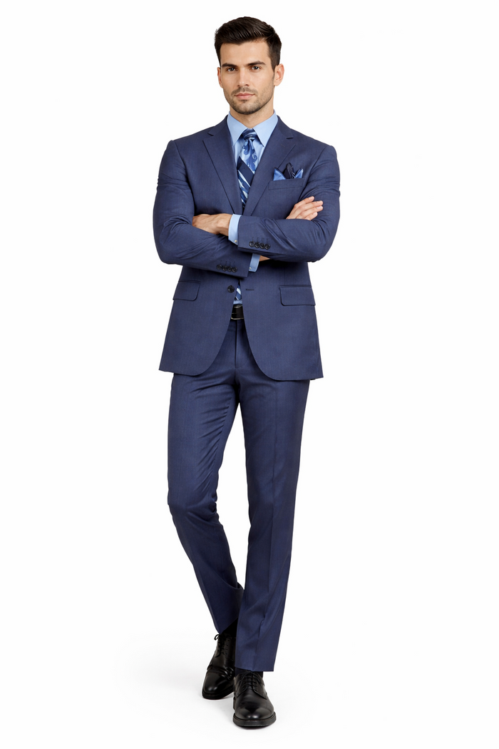 Mens 2 Button Modern Fit Texured Weave Suit in Blue