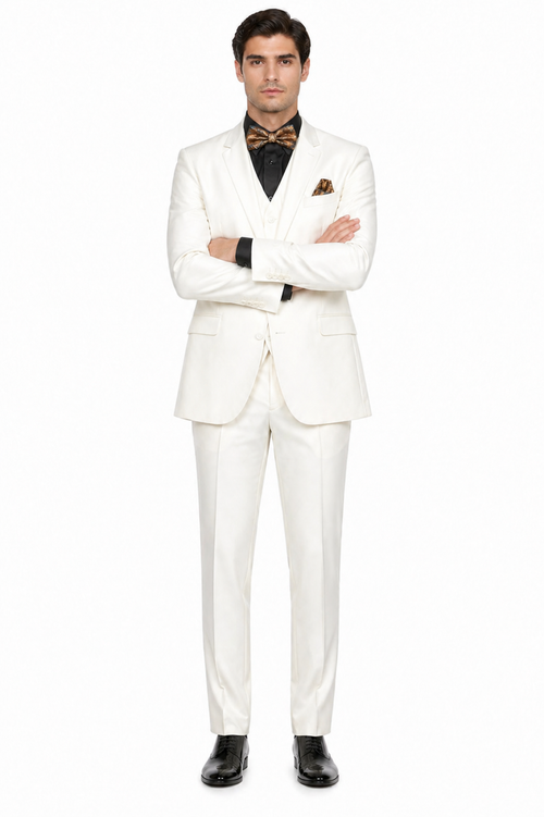 Mens 2 Button Notch Lapel 3 PC Suit With Vest Off-White
