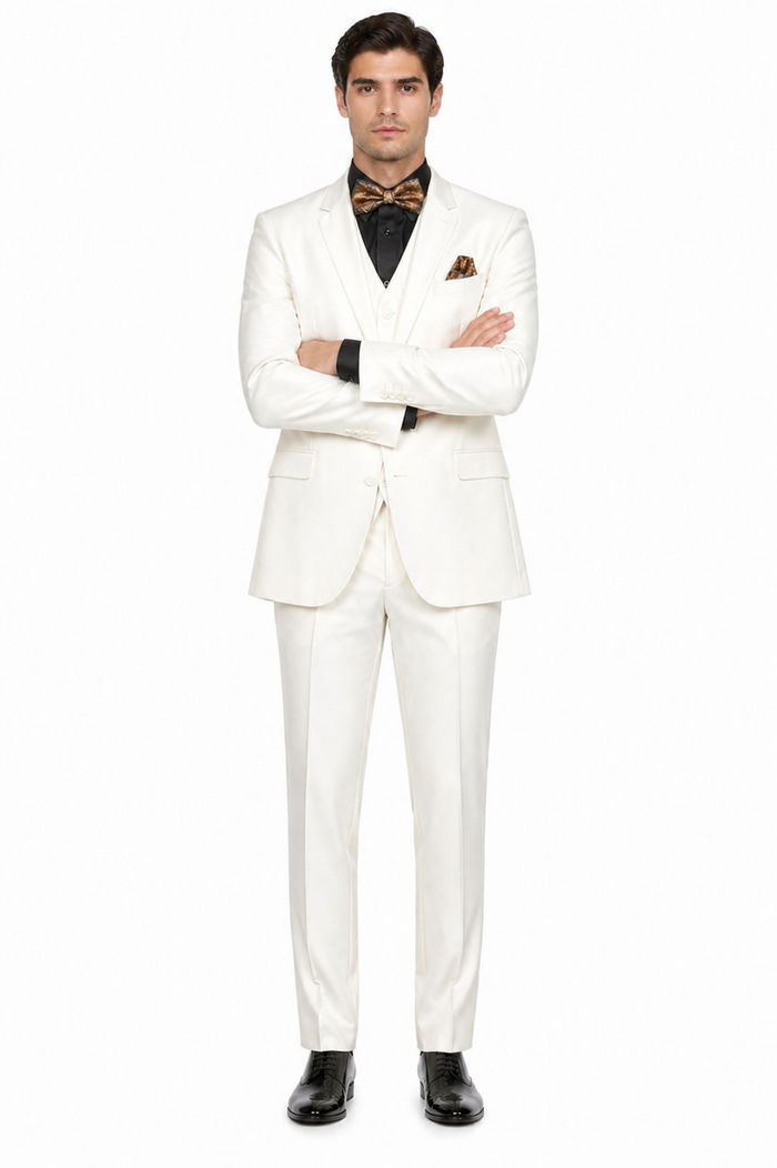 Mens 2 Button Notch Lapel 3 PC Suit With Vest Off-White