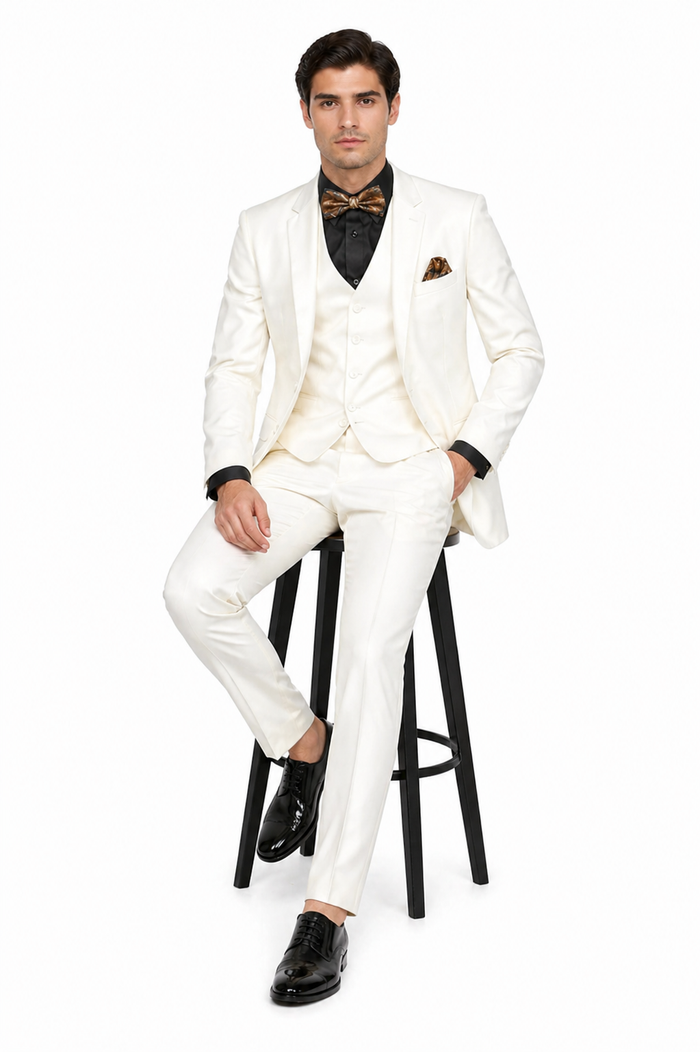 Mens 2 Button Notch Lapel 3 PC Suit With Vest Off-White