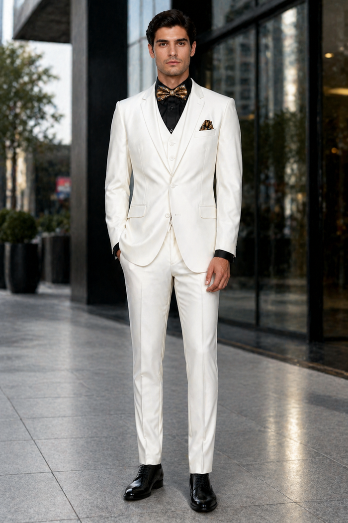 Mens 2 Button Notch Lapel 3 PC Suit With Vest Off-White