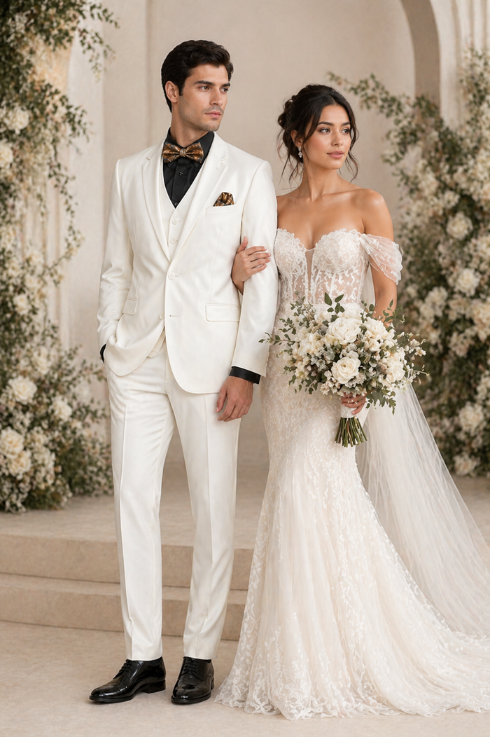 Mens 2 Button Notch Lapel 3 PC Suit With Vest Off-White