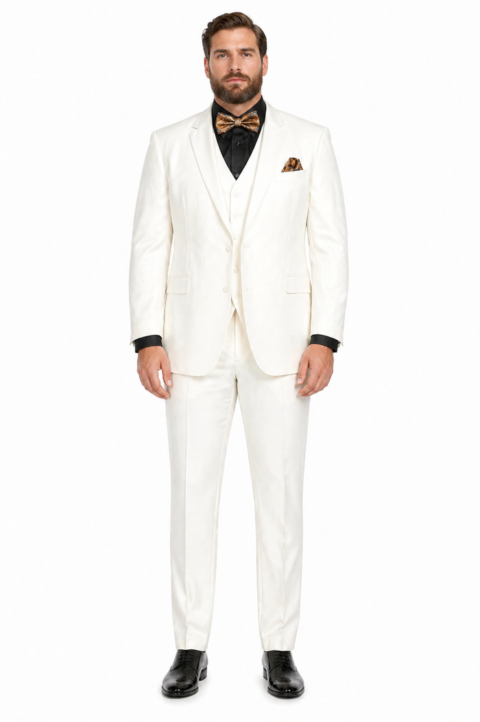 Mens 2 Button Notch Lapel 3 PC Suit With Vest Off-White